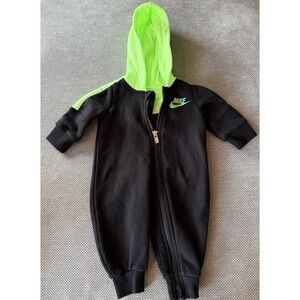 Nike Baby Romper Zip Up Hooded 6M Black Neon Green Swoosh